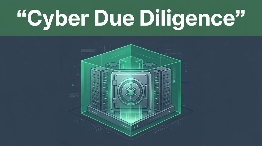 A glowing digital vault and servers protected by an emerald cybersecurity layer against a dark background.