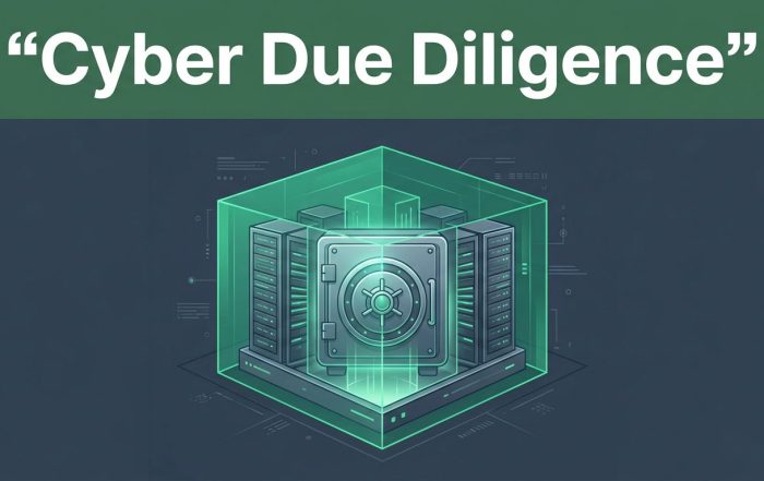 A glowing digital vault and servers protected by an emerald cybersecurity layer against a dark background.