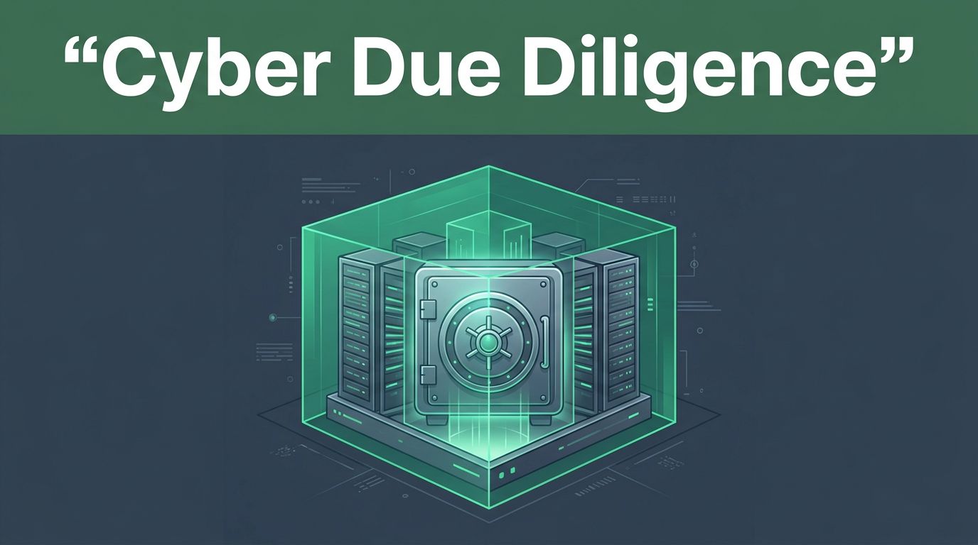 A glowing digital vault and servers protected by an emerald cybersecurity layer against a dark background.