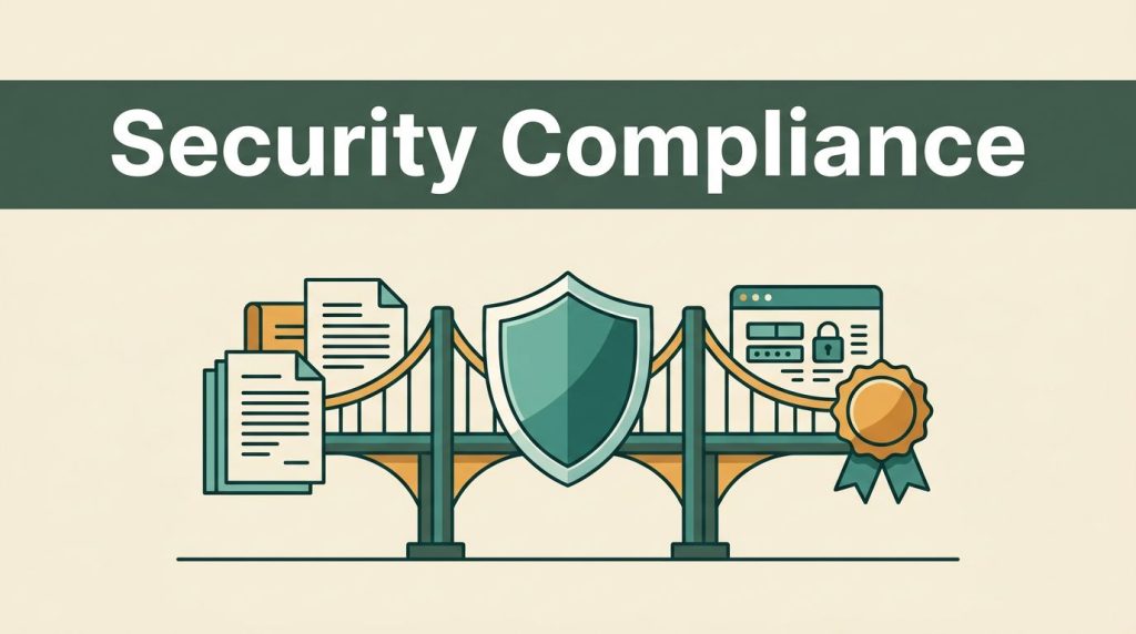 A security shield links policy documents, technical controls, and a certification seal.