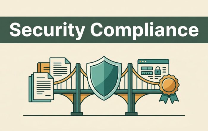 A security shield links policy documents, technical controls, and a certification seal.