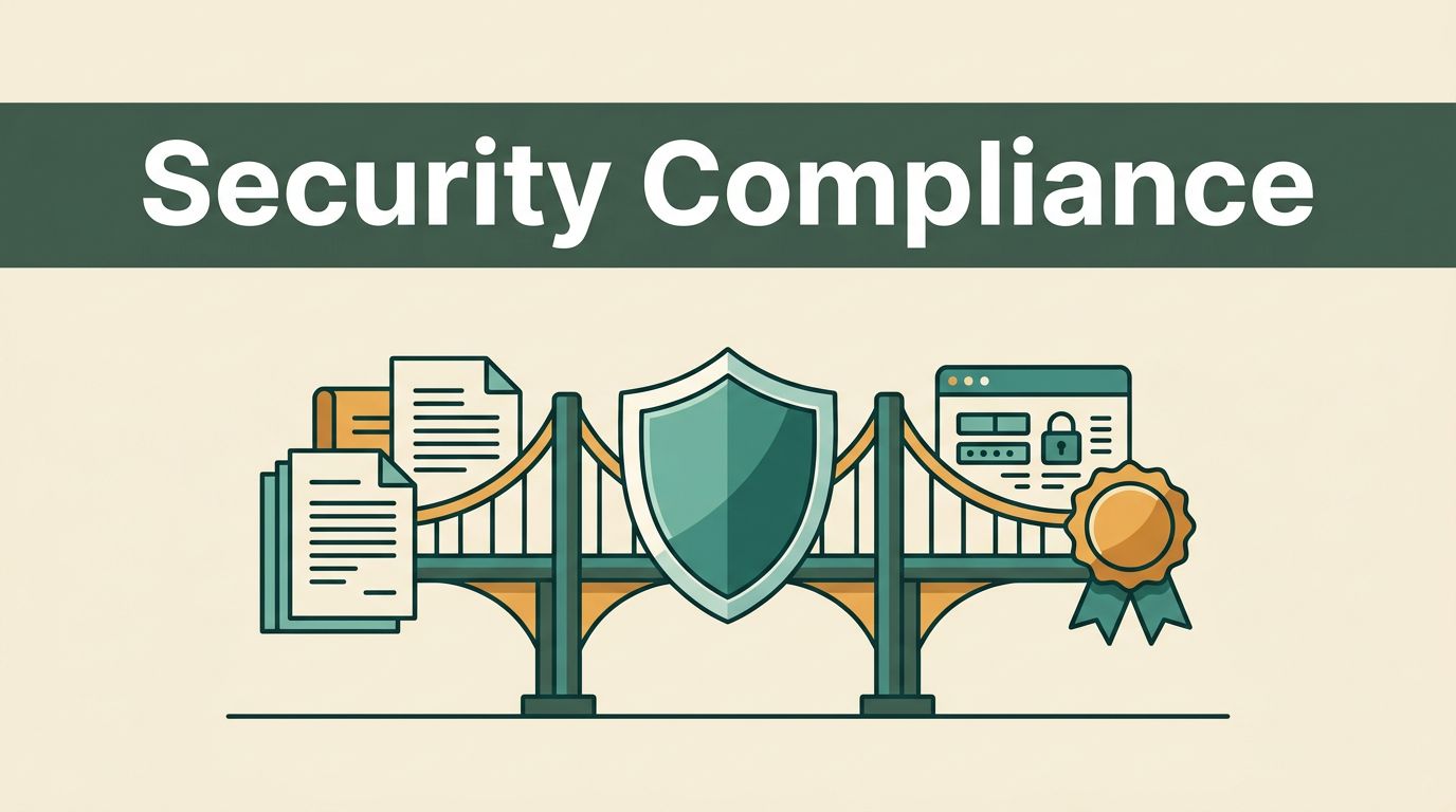 A security shield links policy documents, technical controls, and a certification seal.