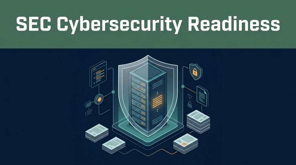 Glowing server rack behind a shield with audit trails and compliance documents.