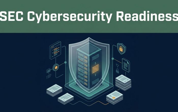 Glowing server rack behind a shield with audit trails and compliance documents.