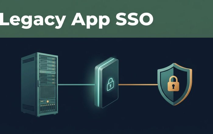 A vintage server cabinet connects via a luminous security gateway to a modern shield node on a dark navy background.