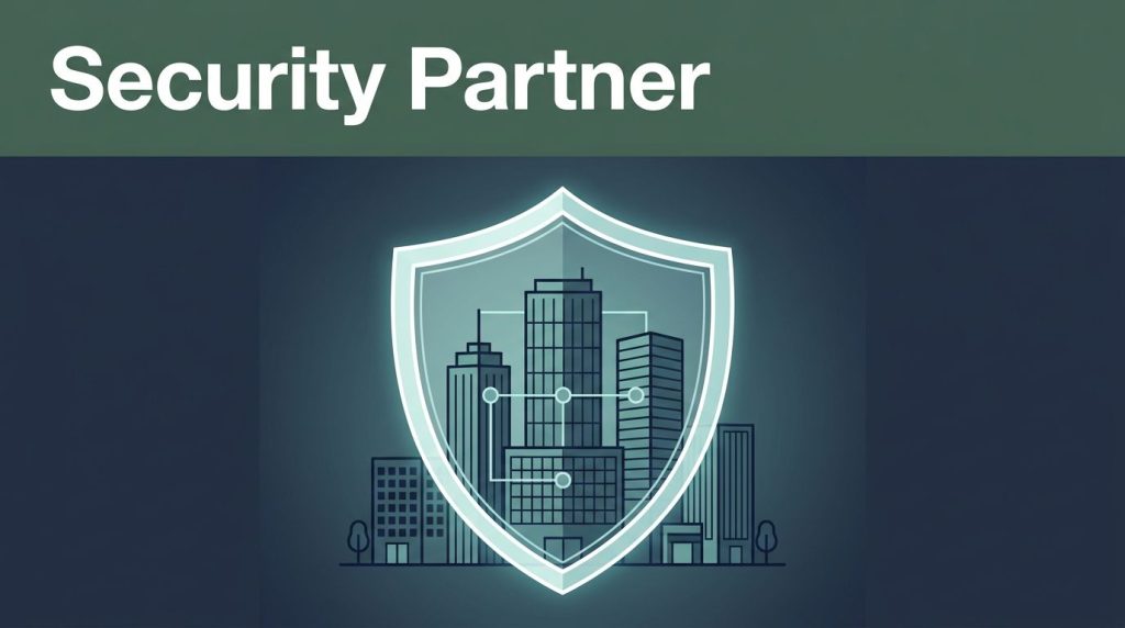 A glowing shield protecting a network of connected corporate buildings in a security control center.