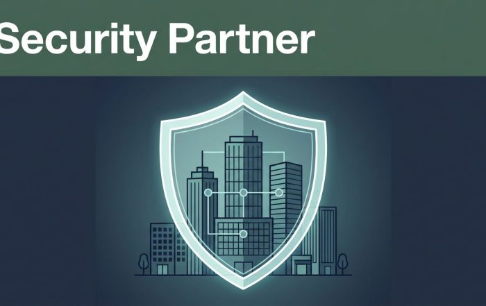 A glowing shield protecting a network of connected corporate buildings in a security control center.