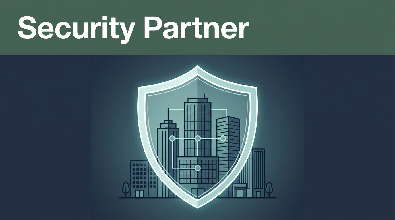 A glowing shield protecting a network of connected corporate buildings in a security control center.