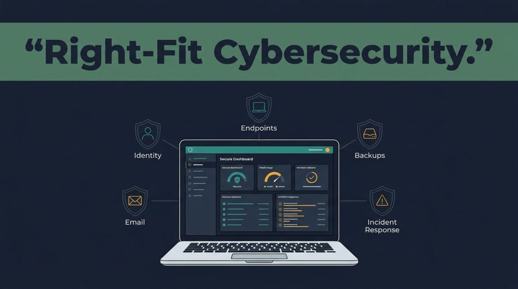 Laptop with a security dashboard and connected shield icons in a dark office setting.