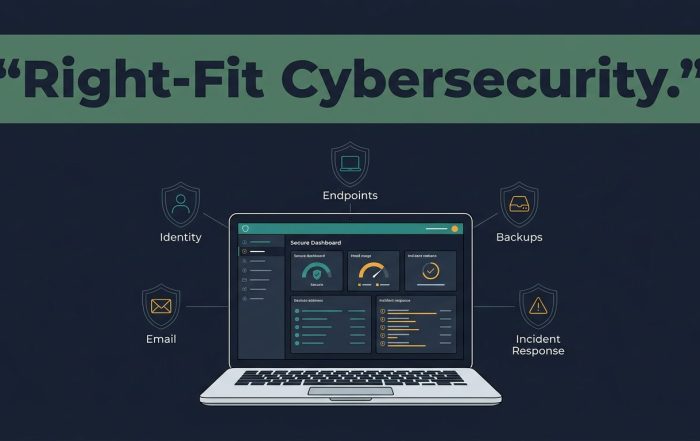 Laptop with a security dashboard and connected shield icons in a dark office setting.