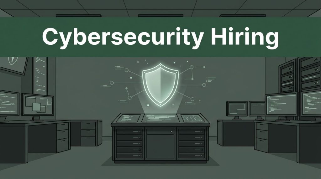 A glowing digital shield hovers above a server console in a dark green cybersecurity room.