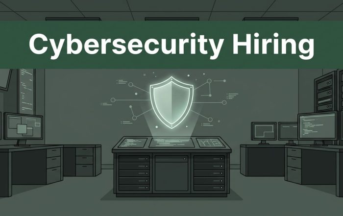 A glowing digital shield hovers above a server console in a dark green cybersecurity room.