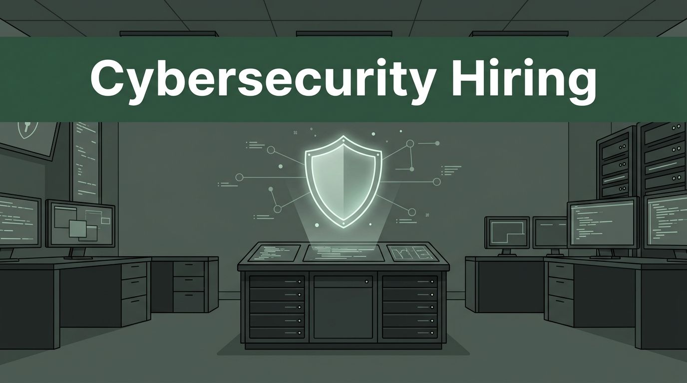 A glowing digital shield hovers above a server console in a dark green cybersecurity room.