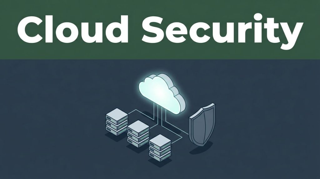 A glowing secure cloud connected to server nodes protected by a geometric shield.