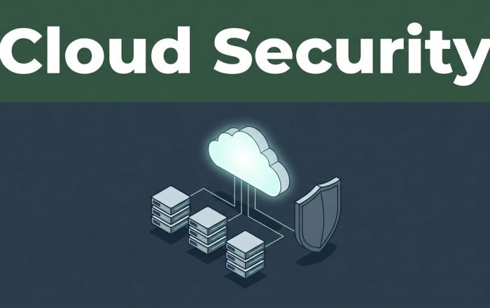 A glowing secure cloud connected to server nodes protected by a geometric shield.
