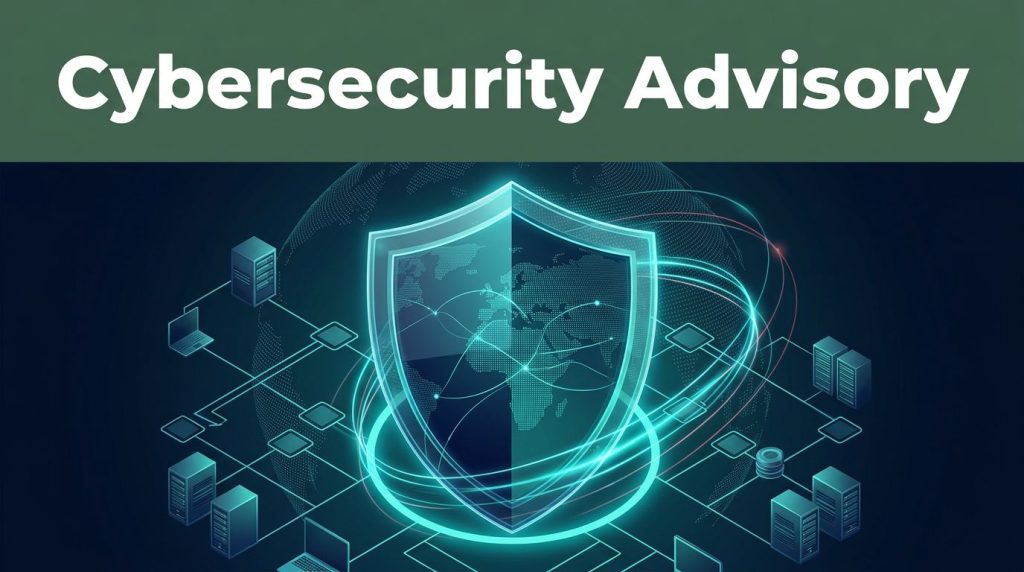 A glowing security shield protects an enterprise network map and servers beneath a dark green advisory banner.