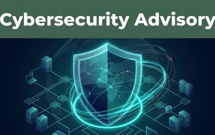 A glowing security shield protects an enterprise network map and servers beneath a dark green advisory banner.