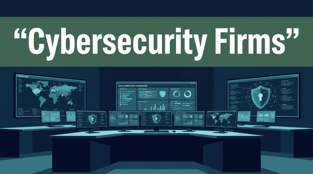 An enterprise security operations center with glowing monitors showing threat maps and compliance dashboards.