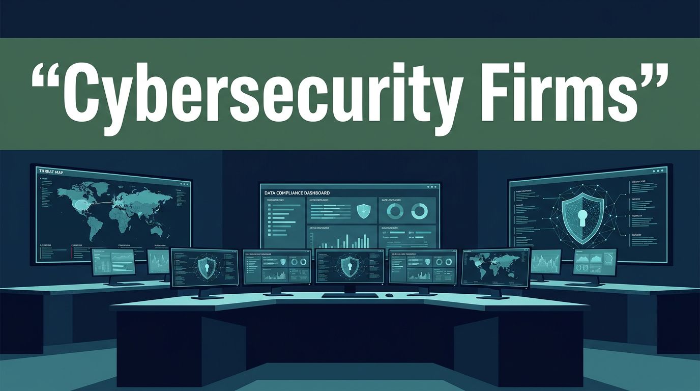 An enterprise security operations center with glowing monitors showing threat maps and compliance dashboards.