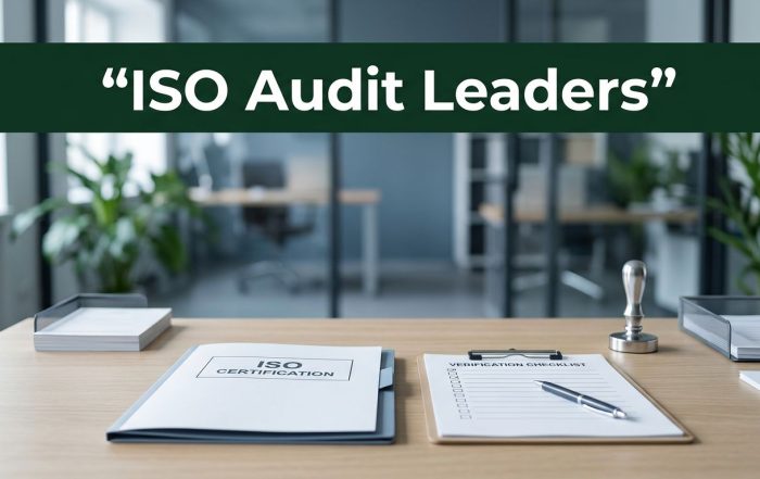 An ISO certification folder, checklist, and approval seal on a modern desk.