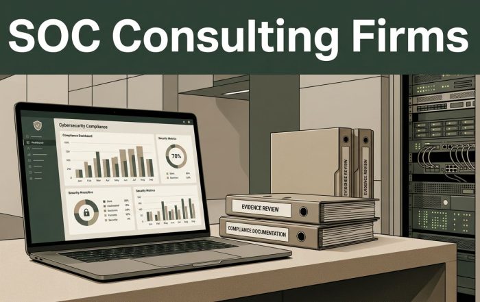 Laptop, audit folders, and a server rack represent cybersecurity compliance consulting.