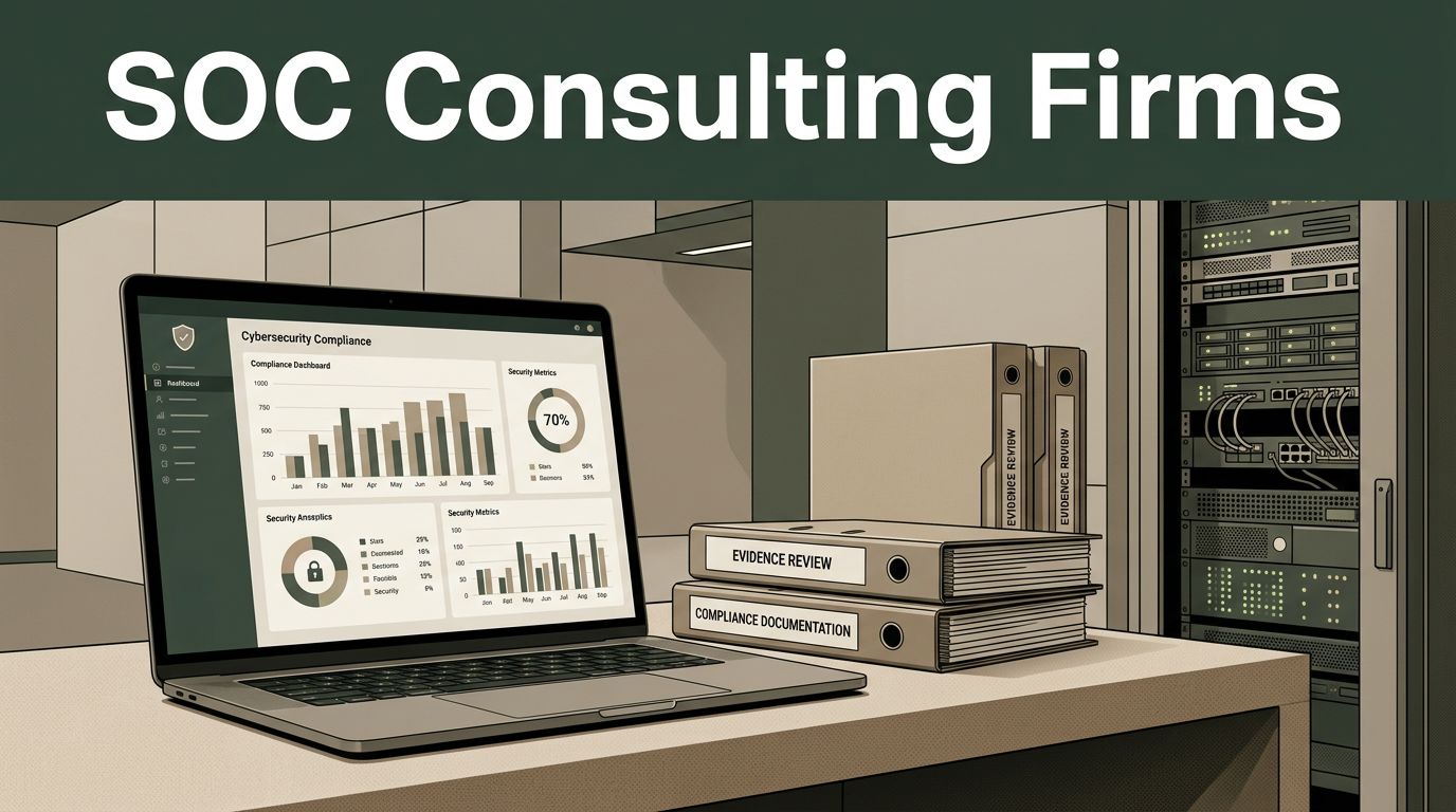 Laptop, audit folders, and a server rack represent cybersecurity compliance consulting.