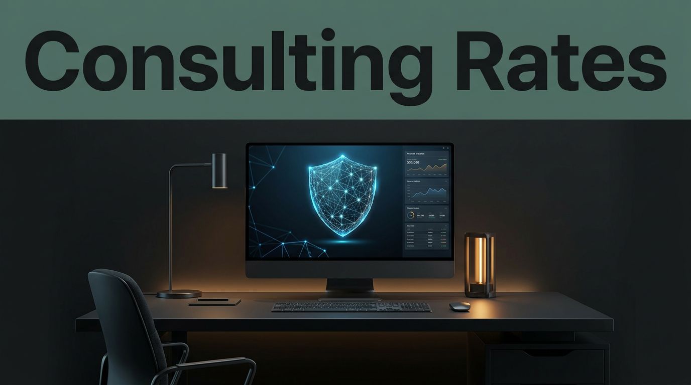 A dark cybersecurity workstation showing a glowing network shield and analytics dashboard.