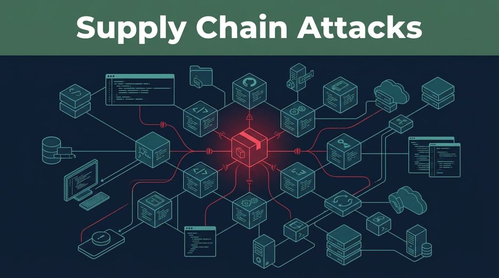 A dark network diagram showing a glowing red compromised node spreading breaches across connected code modules.