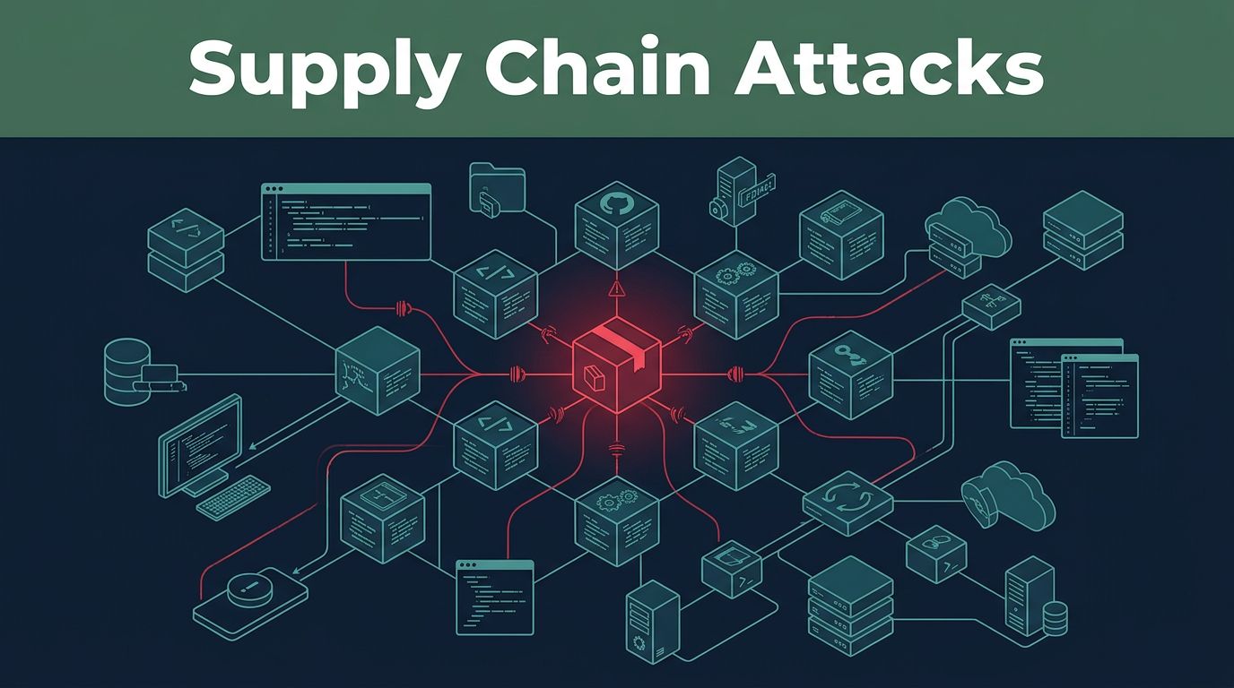 A dark network diagram showing a glowing red compromised node spreading breaches across connected code modules.