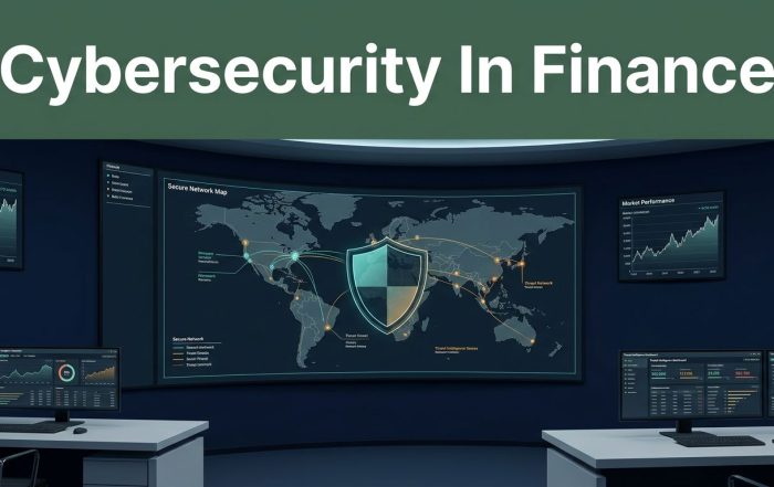 A financial security room with network maps, charts, and a dashboard desk.