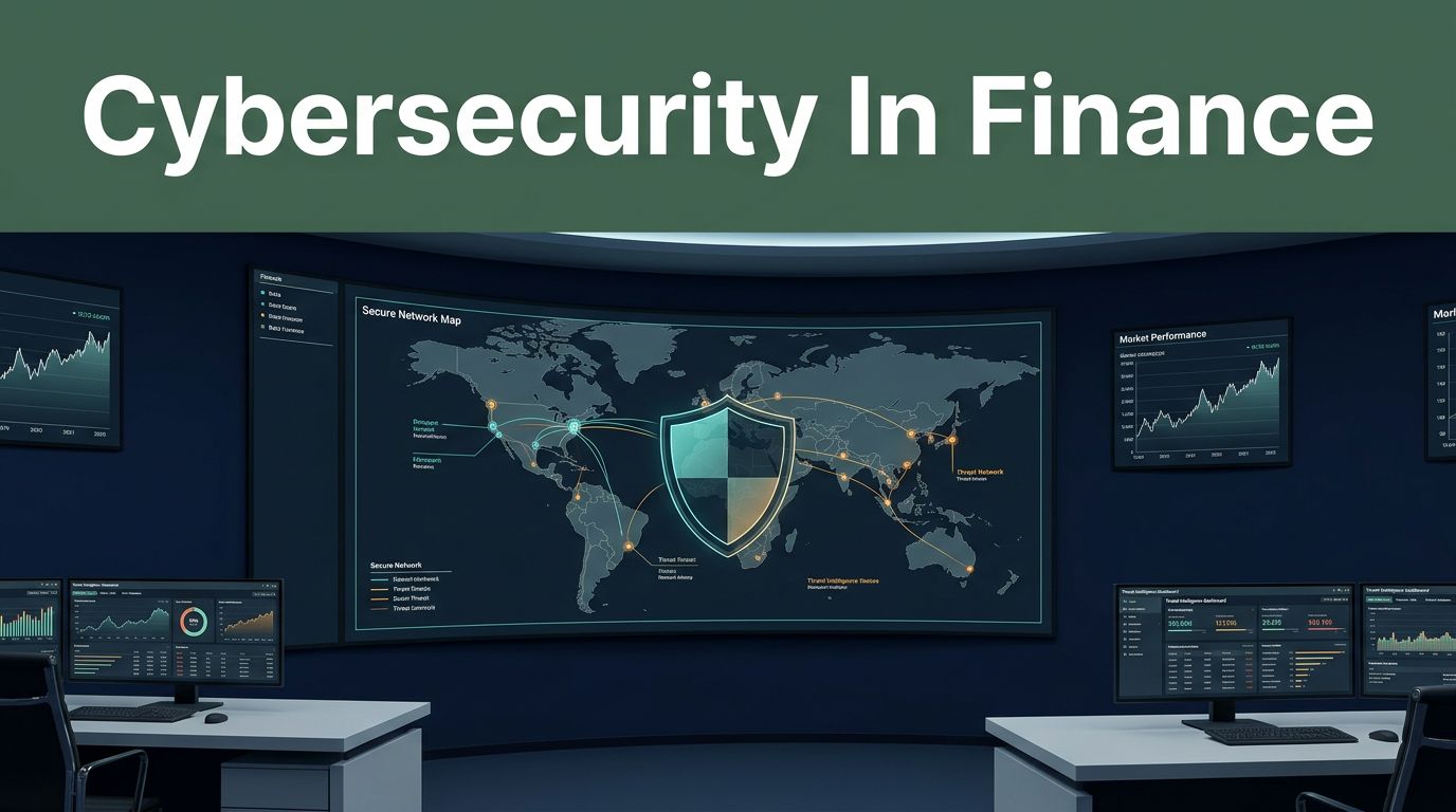 A financial security room with network maps, charts, and a dashboard desk.
