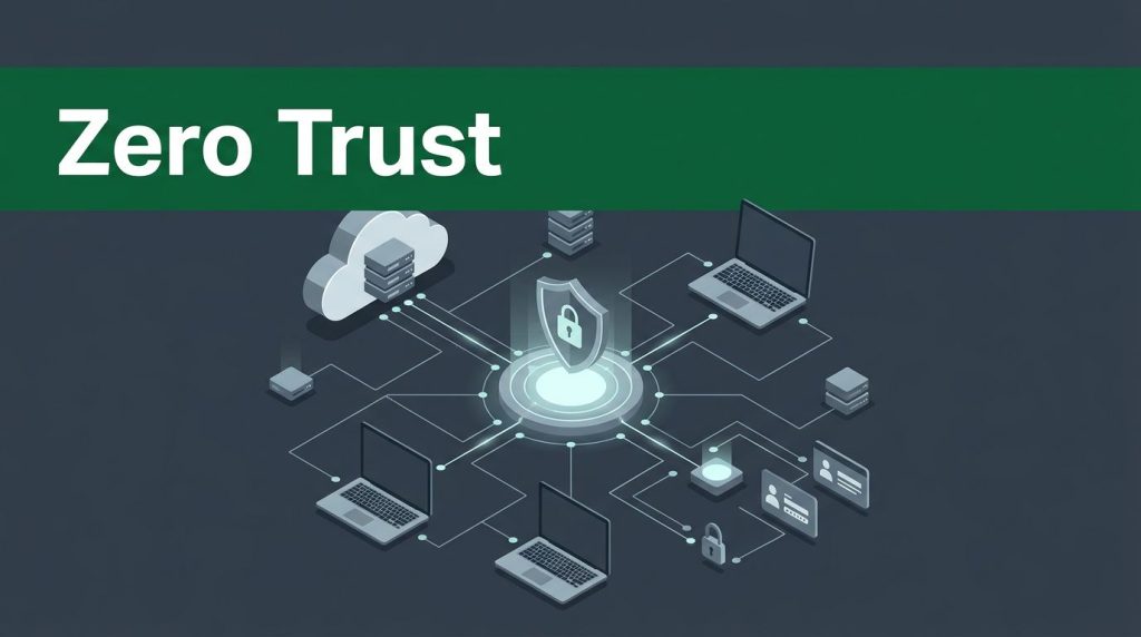 A glowing network hub connects cloud systems and laptops within a charcoal-blue cybersecurity graphic featuring a green header.