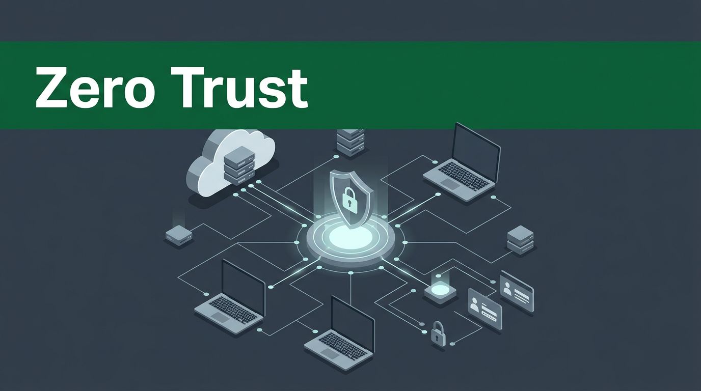 A glowing network hub connects cloud systems and laptops within a charcoal-blue cybersecurity graphic featuring a green header.