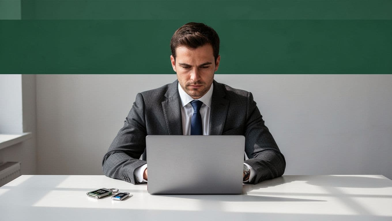 An IT security desk setup with a laptop and security tokens beneath a risk audit header.