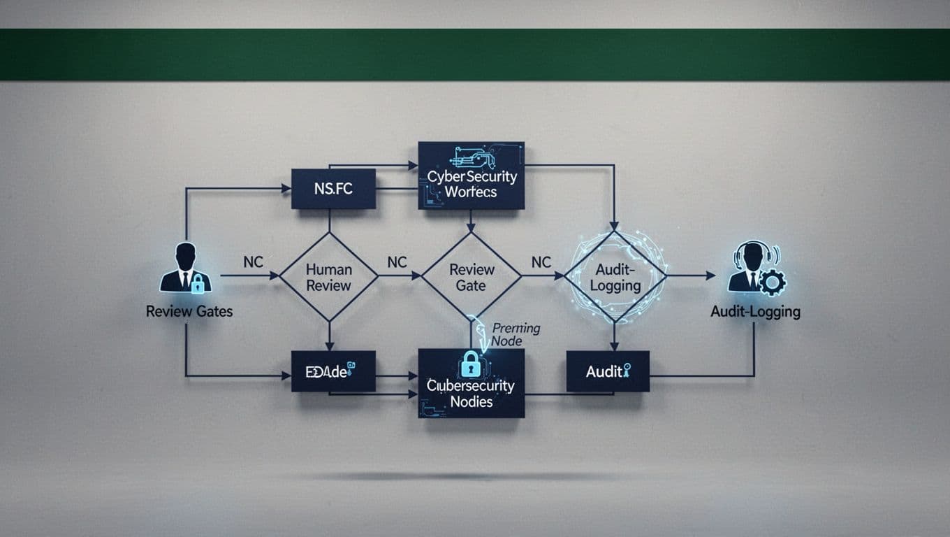 A cybersecurity flowchart showing review gates and audit logging beneath a green header banner.