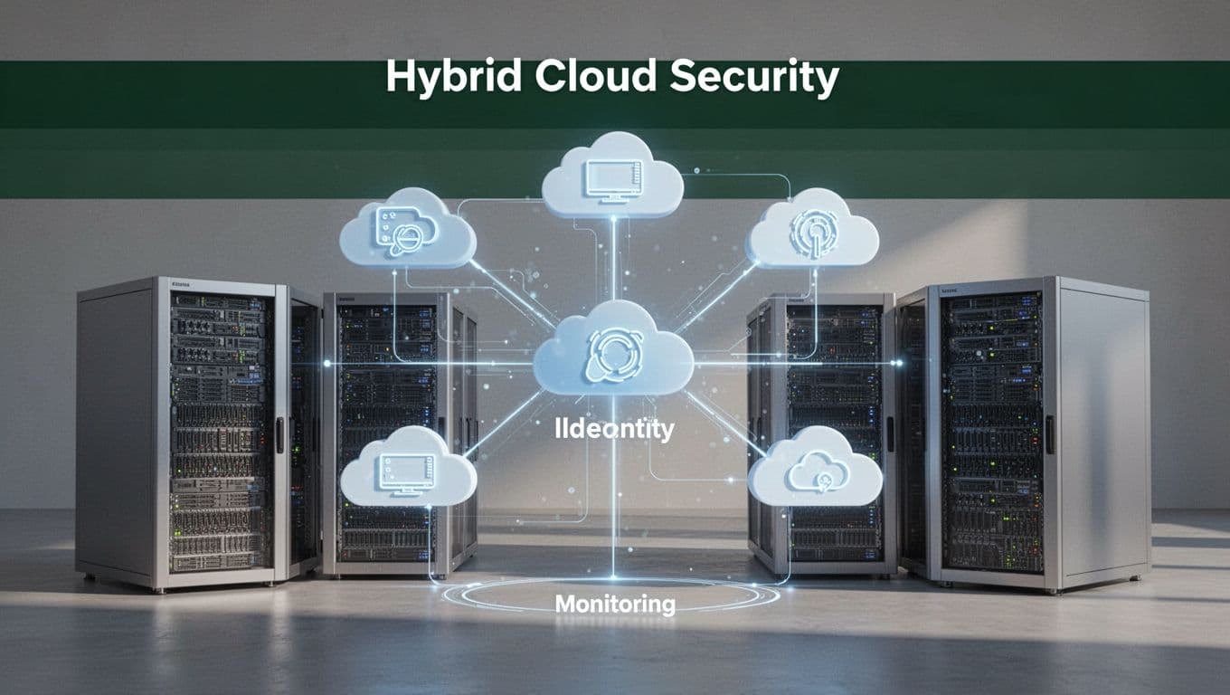 An enterprise infographic illustrating security across on-premises data centers and cloud environments.