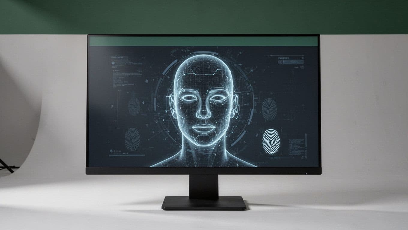 A dark monitor showing biometric onboarding software below a green header band.