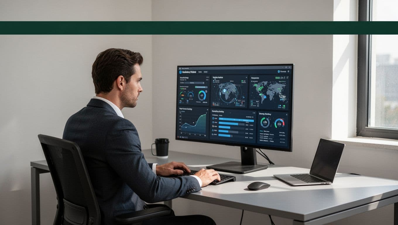 A professional working at a computer displaying security incident response tools.
