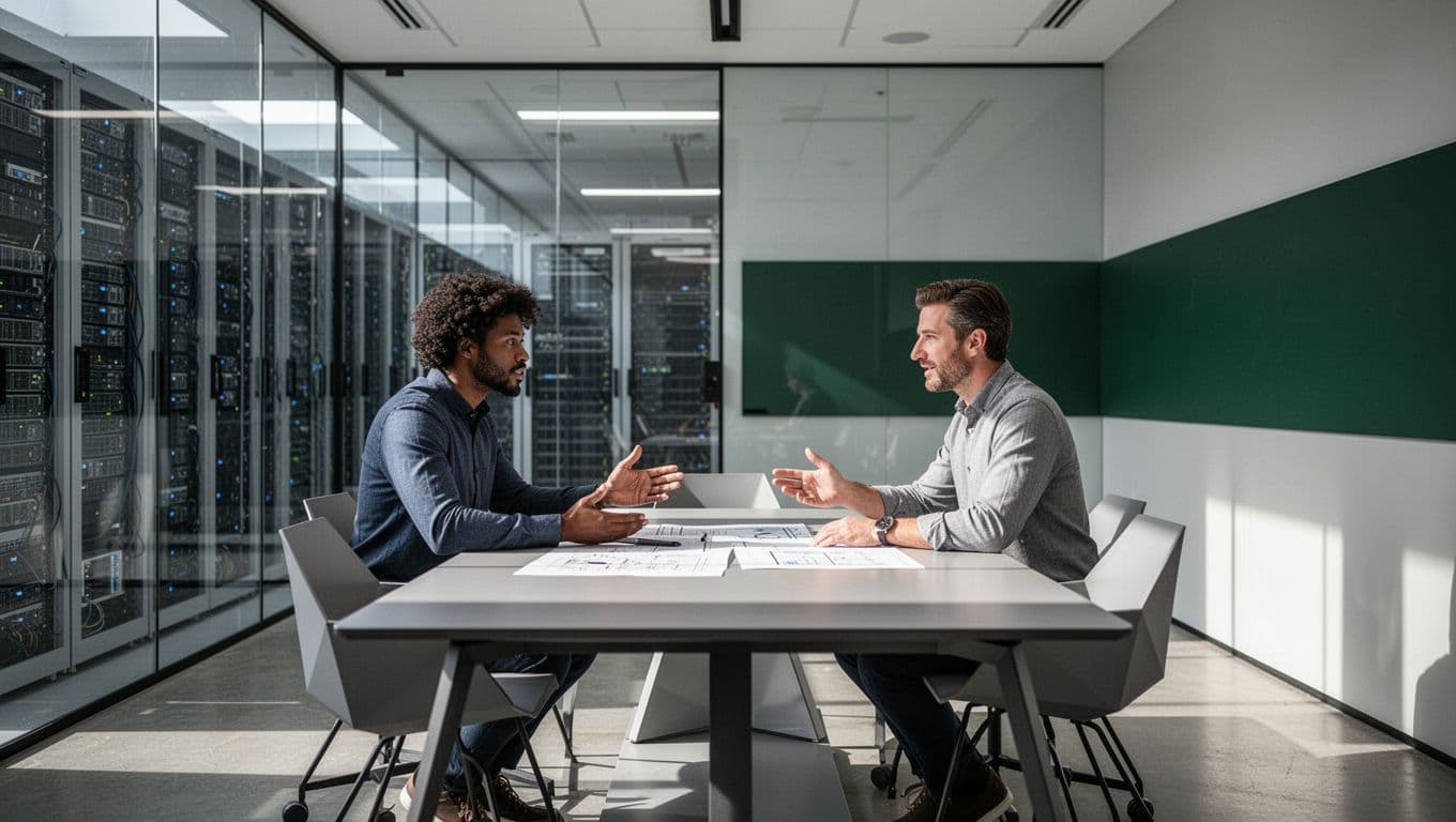 Professionals collaborating in a modern glass-walled conference room with visible server racks.