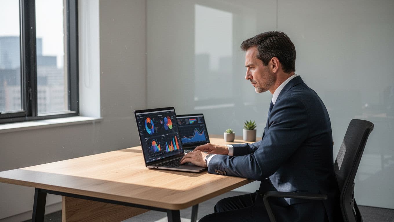 An IT professional analyzing security metrics on a laptop at a minimal wooden desk.