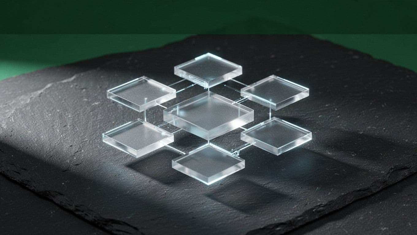 Abstract geometric nodes on a dark slate surface beneath a green headline bar.