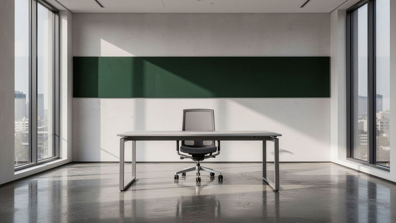 An empty chair and desk beneath a green Leadership Search headline.