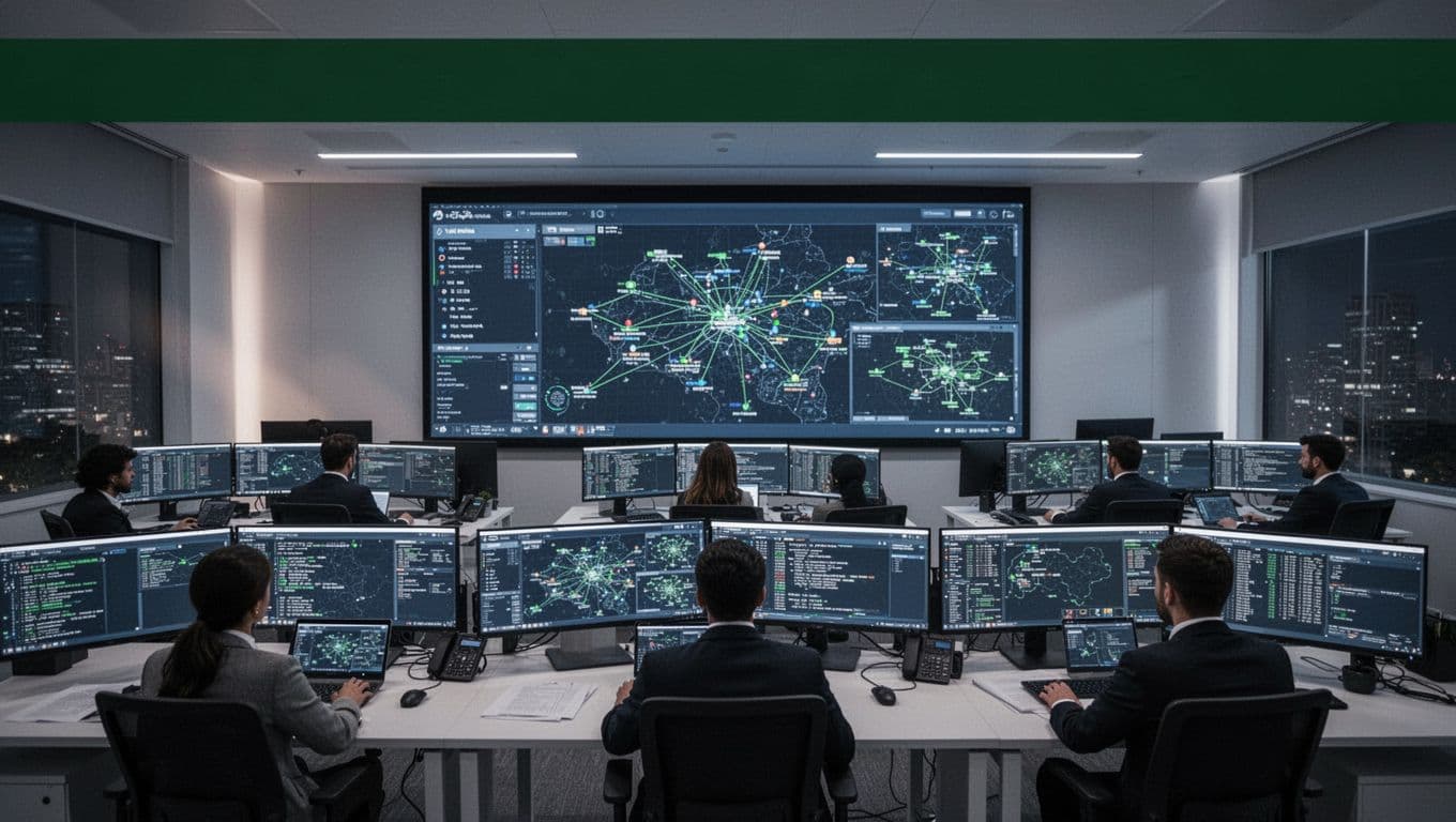An enterprise control center monitor showing network security metrics below a headline band.