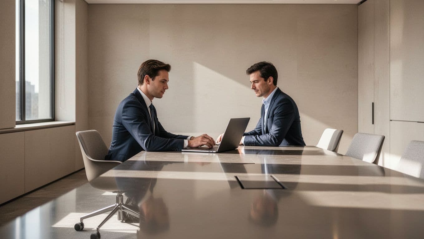 One professional sits at a sleek table in a softly lit modern conference room.