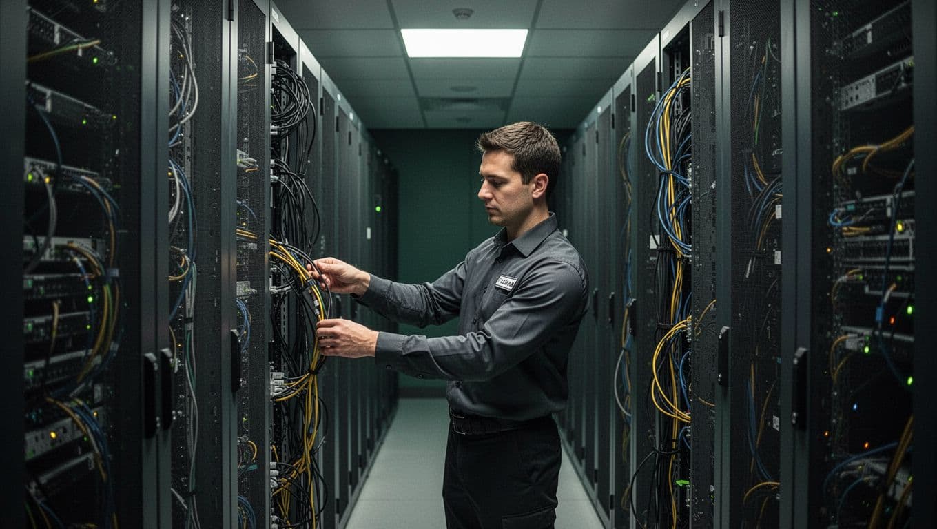 A security engineer inspects server racks beneath a dark-green banner reading NAC Strategy.