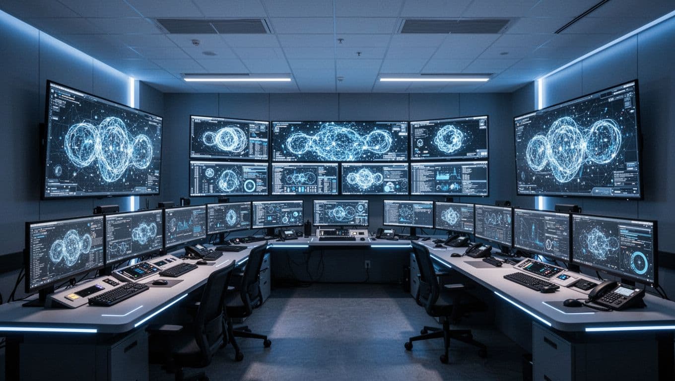 Glowing monitors show network maps and endpoint security metrics in a modern control center.