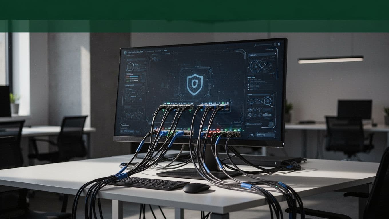 A modern workspace with network cables below a dark green security headline band.