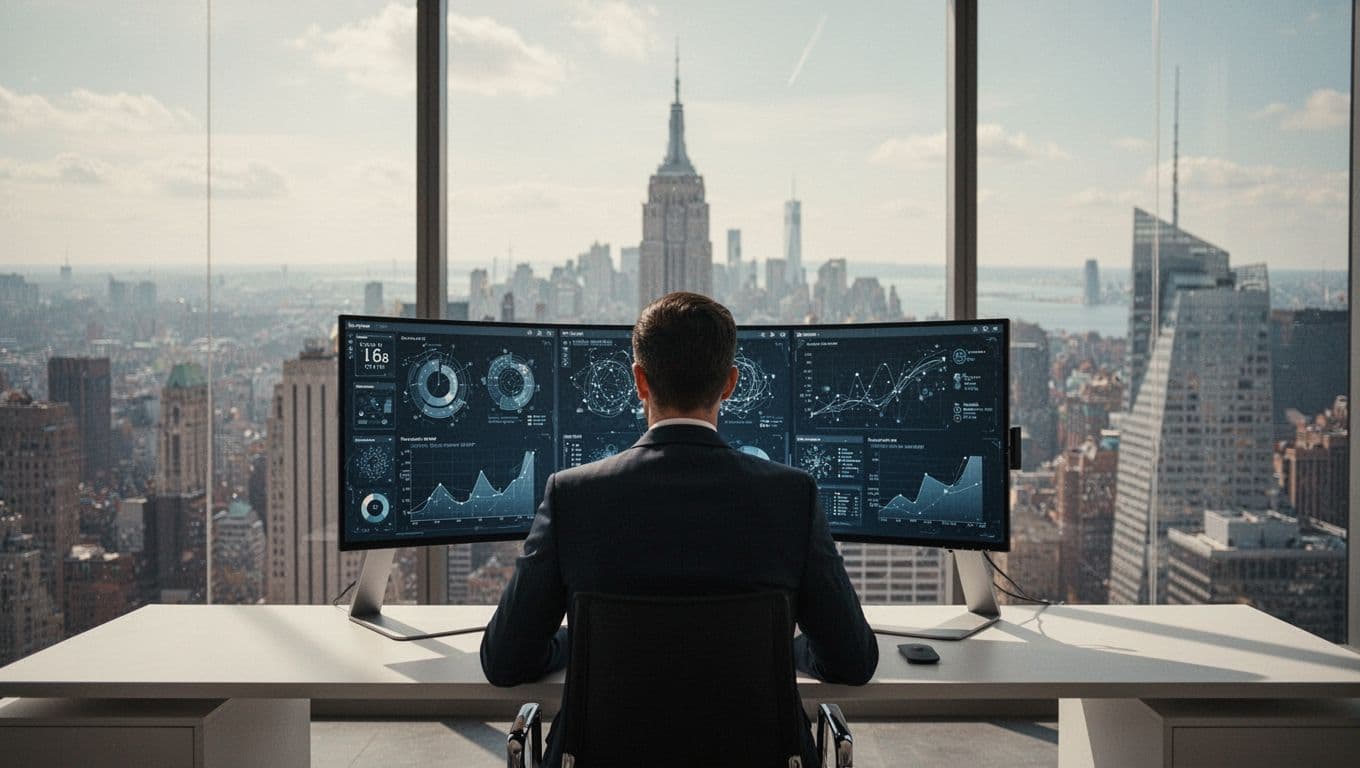 An executive reviews security analytics beneath a green SECURE NYC banner.