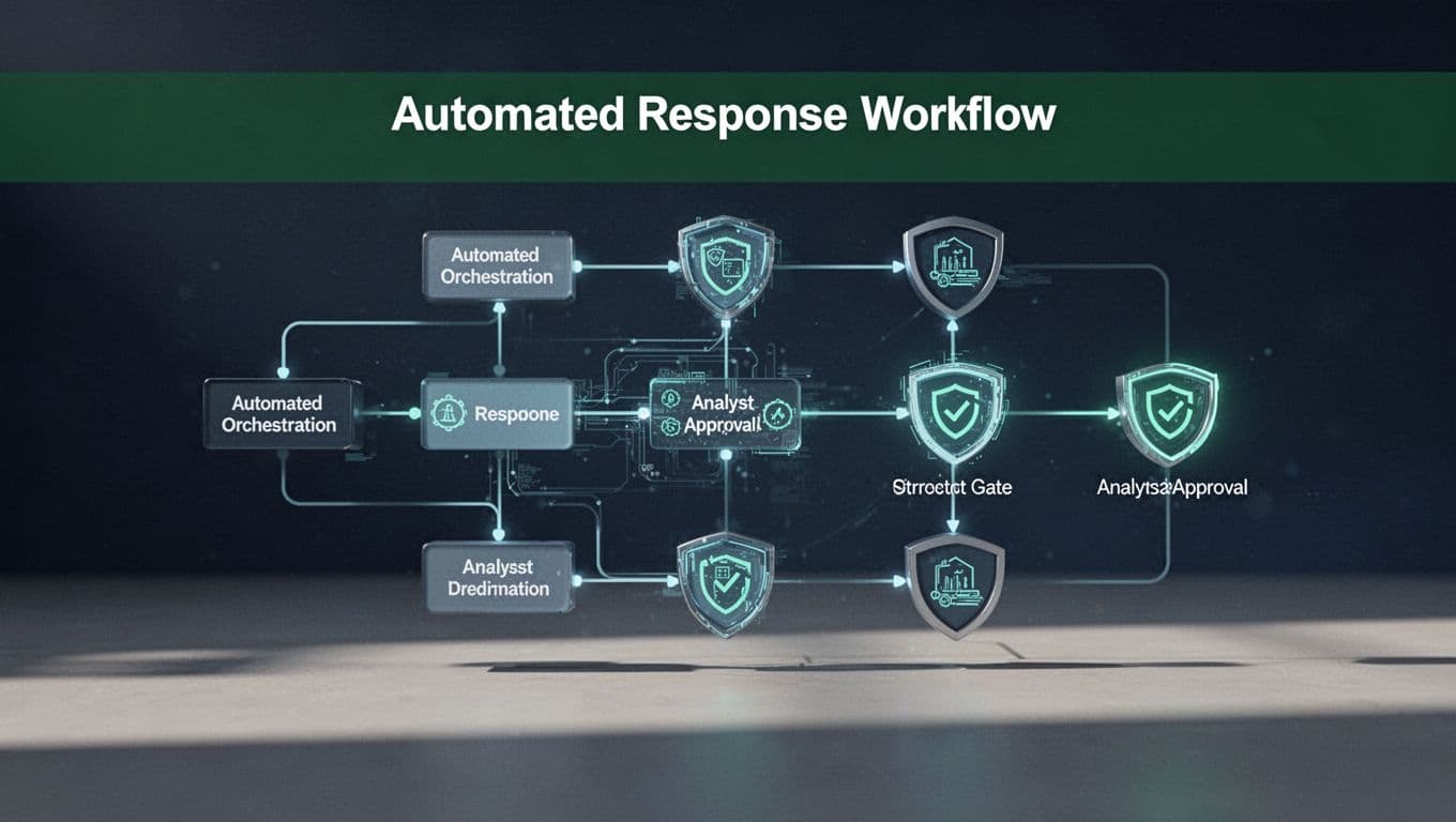 A technical diagram illustrating cybersecurity response orchestration and approval gates under a dark green header.