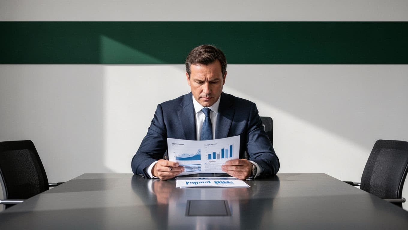 An executive reviews a report beneath a dark-green RISK INSIGHT headline band.